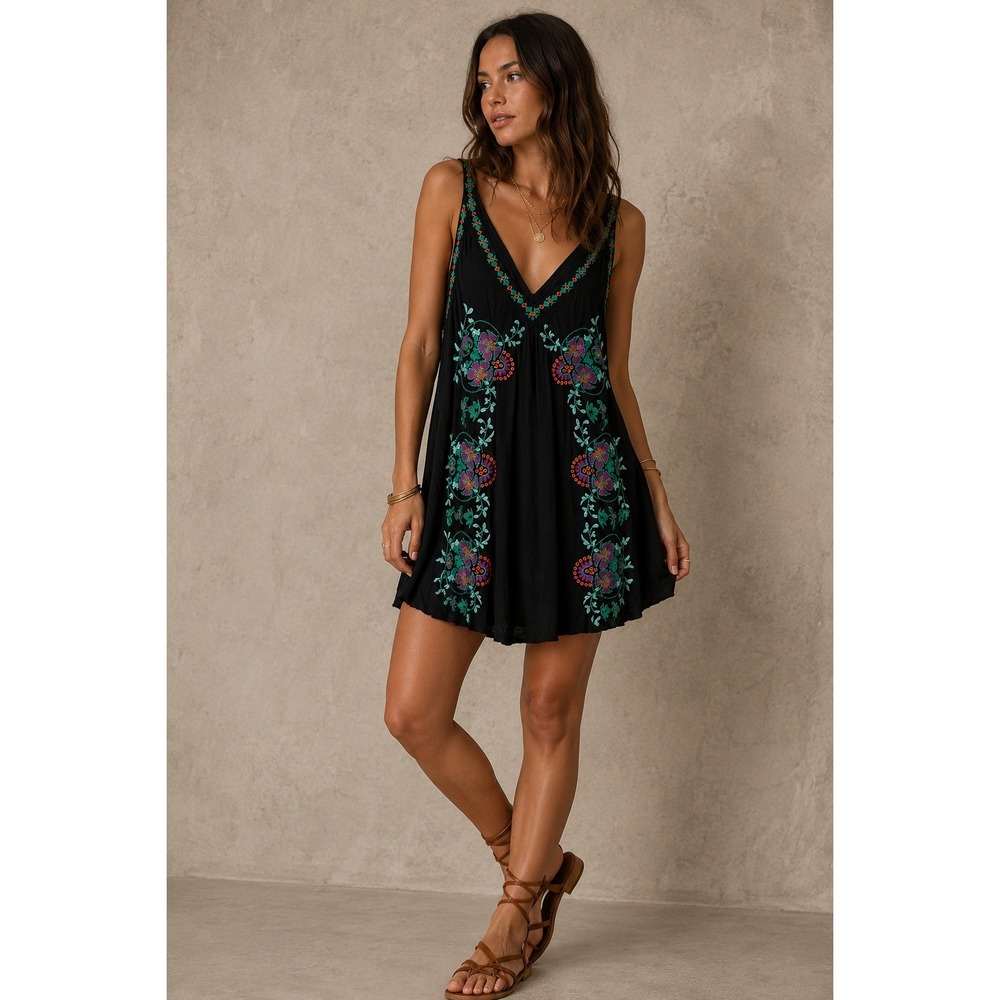 Free People Womens Mini Dress Medium Black Boho Embroidered V-Neck Sleeveless